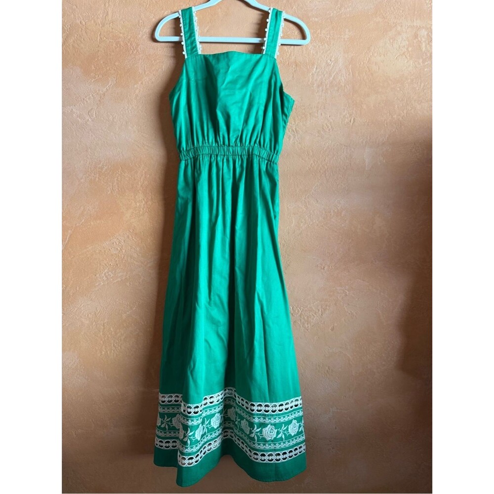 Emily Lovelock Green Cotton Embroidered Midi Dress Bow Back Small